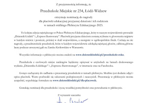 List gratulacyjny dla przedszkola.