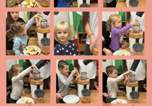 Dzieci wraz z rodzicami przygotowują soki owocowe