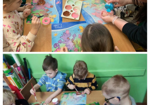 Dzieci dekorują donuty z masy gipsowej.